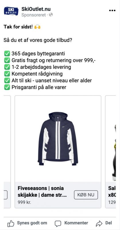 skioutlet dynamisk produkt facebook annoncering eksempel