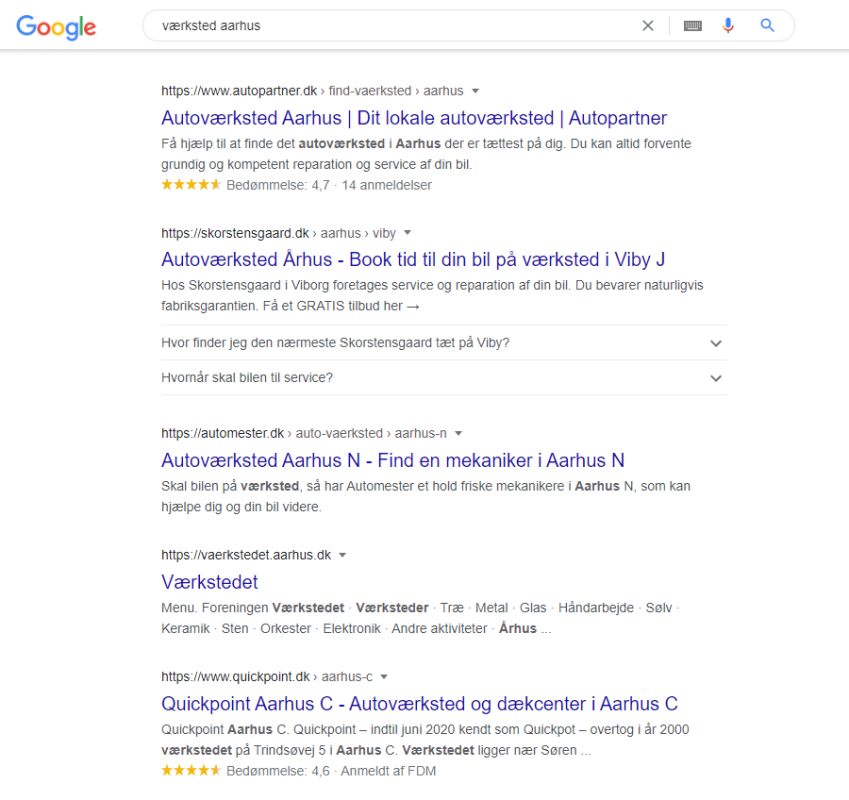 Lokal Google søgning på værksted aarhus