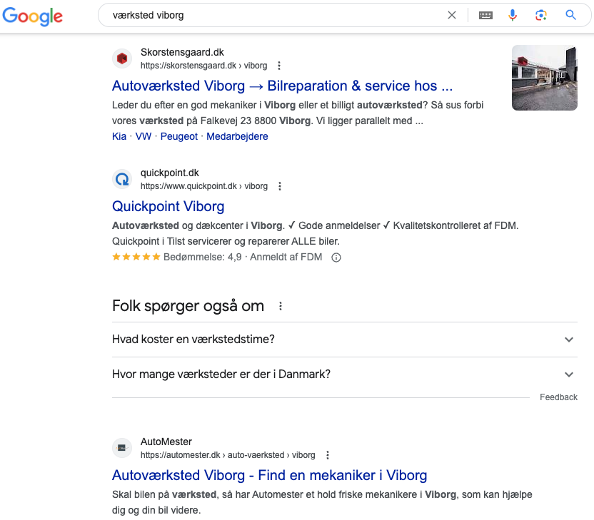 Google søgeresultat efter et værksted i Viborg